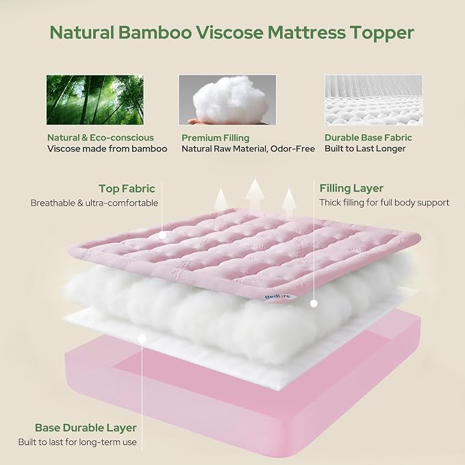 BEDLORE California King Mattress Topper Viscose Derived from Bamboo, Thick Pillow Top Mattress Pad with Stretchable Pockets for 6"-18" Mattress, Soft Mattress Topper for Back Pain Relief(Pink)