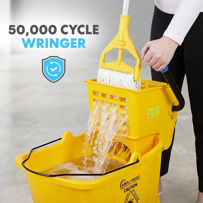 Simpli-Magic Commercial Mop Bucket with Side Press Wringer, 26 Quart – 50,000 Cycles Wringer – Industrial Mop Bucket with Wheels, Yellow
