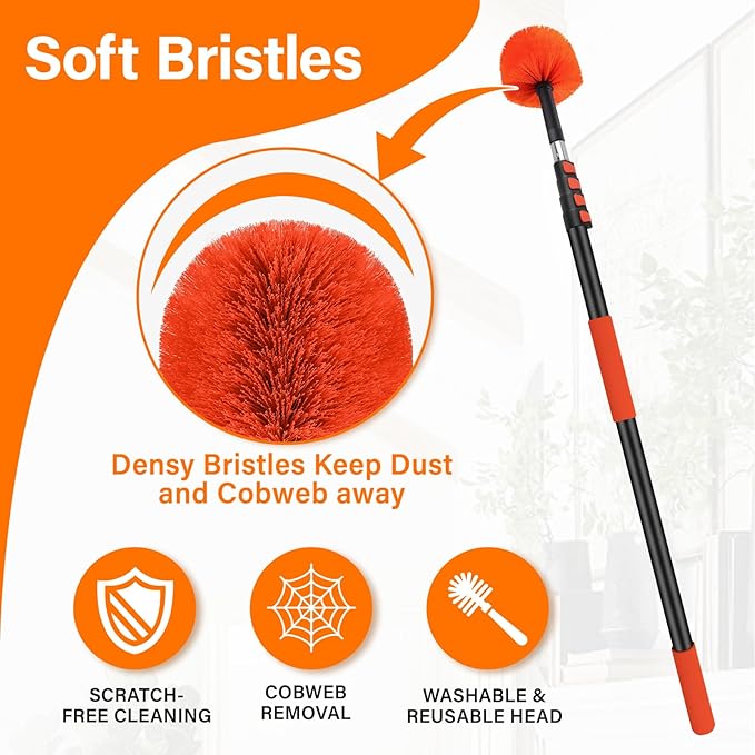 20FT Cobweb Duster with Extension Pole - High Reach Duster for High Ceilings & Outdoor Use - Telescoping Pole 3-12 Ft, Soft Bristles Cobweb Cleaner - 3/4" Acme Universal Thread