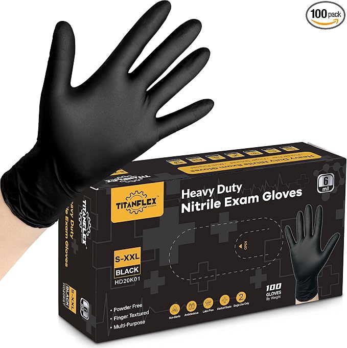 TitanFlex Disposable Nitrile Exam Gloves - 6-mil, Black, Large 100-ct Box, Heavy Duty, Latex Free, Food Safe for Cooking & Food Prep