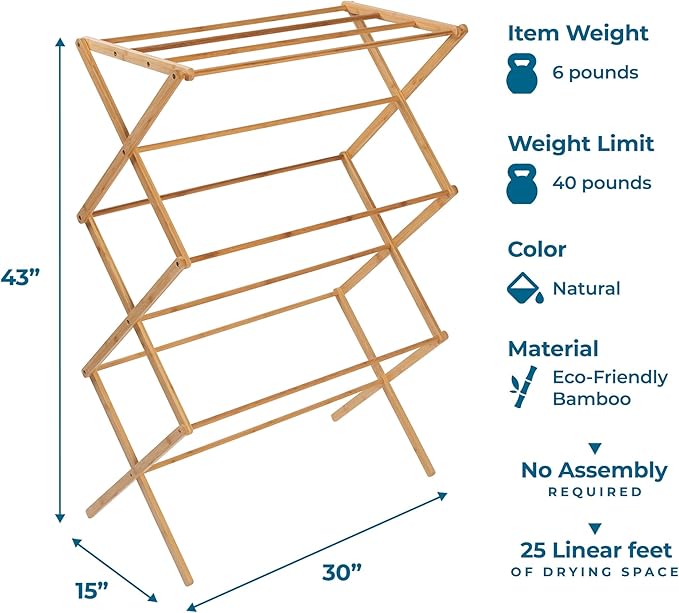 Honey-Can-Do Collapsible Bamboo Drying Rack – Sturdy & Foldable Laundry Drying Rack, Space-Saving & Portable Clothes Rack for Air-Drying Clothes, Towels, Blankets & Delicates, Indoor & Outdoor Use.