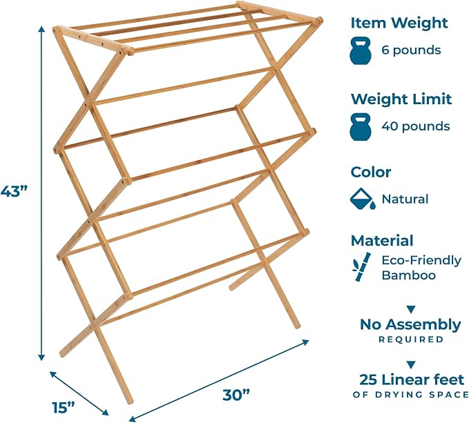 Honey-Can-Do Bamboo Collapsible Clothes Drying Rack, 25 Linear Feet | Folds flat for storage; 40 lb capacity; multi-tier drying for sweaters, towels & delicates; indoor or outdoor use