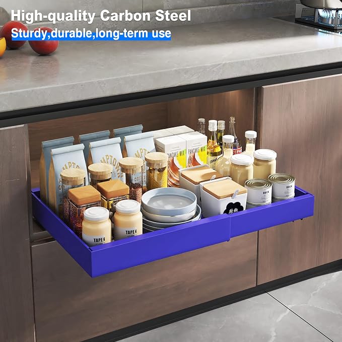 Mustorn 2 Pack Pull Out Cabinet Organizer, Expandable Slide Out Drawers for Kitchen Cabinets Peel and Stick Pullout Drawer Heavy Duty Sliding Shelves for Cupboard, Pantry, Bathroom(16.5" Deep, Blue)