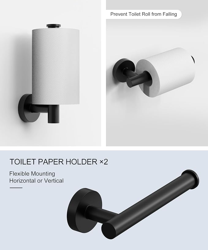 12 Pcs Matte Black Bathroom Accessories Set, HOMEMYSTIQUE SUS304 Stainless Steel Bathroom Hardware Set, Bath Towel Bar Set, Toilet Paper Holders, Towel Rings Racks, Robe Towel Hooks