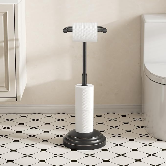 Bathroom Toilet Paper Holder Stand, Oil Rubbed Bronze Toilet Paper Holder Free Standing, Stainless Steel Pivoting Toilet Tissue Roll Holder，Adjustable Height (14 to 24 Inch) Paper Holder