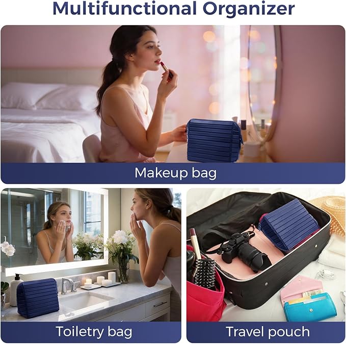 Travel Makeup Organizer Bag with Fold-Down Design and Adjustable Dividers, 27 Pockets & 3 Brush Storage Holders, Large Capacity Cosmetic Bags Toiletry Case - Navy Blue