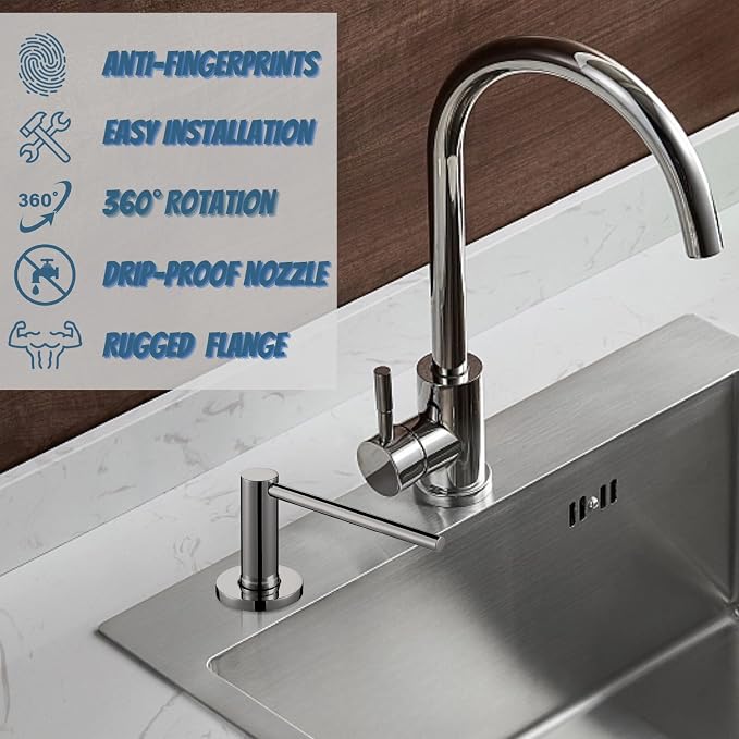 Improved Chrome Kitchen Sink Soap Dispenser - Stainless Steel Countertop Soap Dispenser – Best Choice for Dispensing Liquid & Gel Soap, Hand Lotion