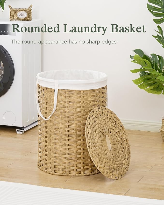 SETVSON Laundry Basket with Lid Round 29.1 Gal PE Rattan, Natural | Family Clothes & Blanket Trunk with Lid, Removable Liner Bag with Handles, 2 Mesh Wash Bags, Collapsible Steel Frame
