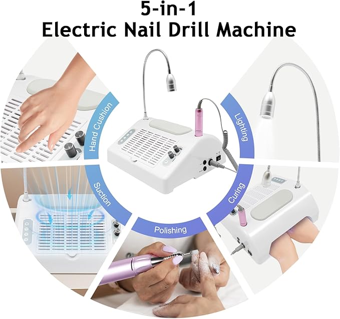 Gropyong 5 in 1 Nail Dust Collector for Polygel Acrylic Nails with Electric Nail Drill+UV Gel Nail Dryer Lamp+LED Desk Lamp+Hand Cushion,Professional Dust Collector for Nails Salon & Home Manicure