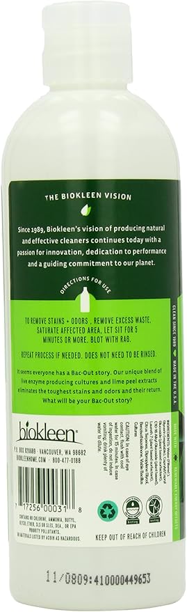 Biokleen Bac-Out Stain+Odor Remover, Destroys Stains & Odors Safely, for Pet Stains, Laundry, Diapers, Wine, Carpets, & More, Eco-Friendly, Non-Toxic, Plant-Based, 16 Ounces (Pack of 12)