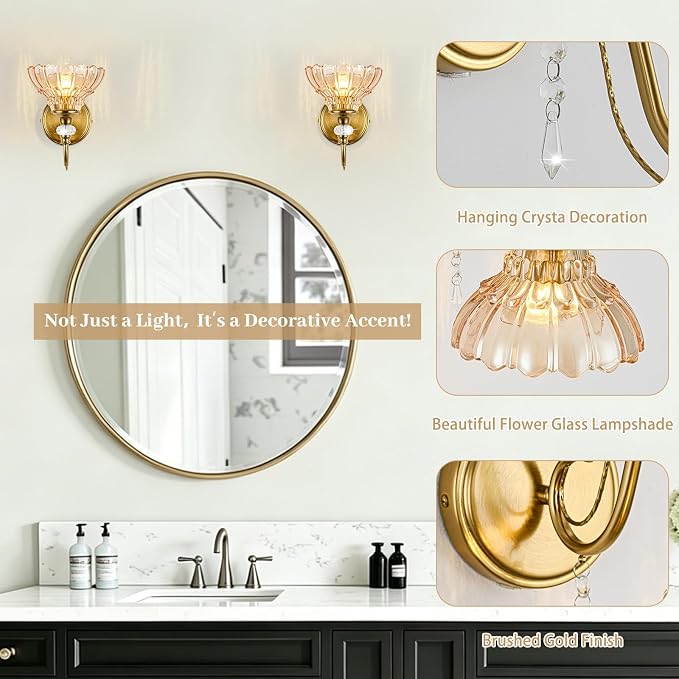 1 Piece Vintage Wall Sconce, 1-Light Brushed Gold Finish Wall Sconce with Hanging Crystal Accents and Flower-Shaped Amber Shades for Bathroom Bedroom Living Room,Vintage Vanity Light