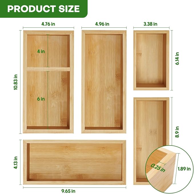 Bamboo Drawer Organizer Set, 5 PCS Multi-Use Individual Wood Storage Organizers, Junk Drawer Divider and Storage Trays Containers for Kitchen, Bathroom, Office Desk, Makeup, Jewelry, Utensils