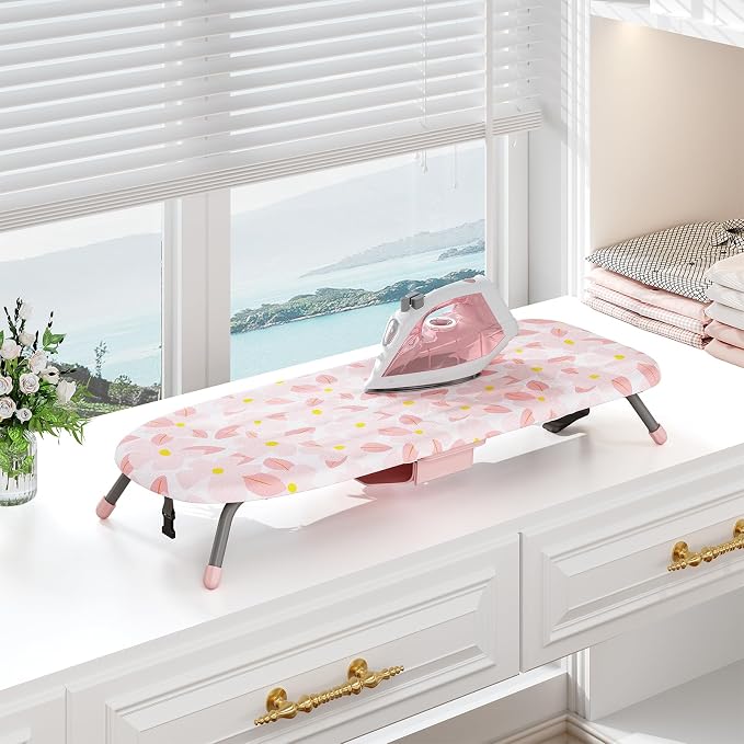 APEXCHASER Small Ironing Board with Iron Holder, Compact Iron Board with Non-Slip Feet, Portable Tabletop Ironing Board with Cotton Cover for Small Spaces and Travel, Pink