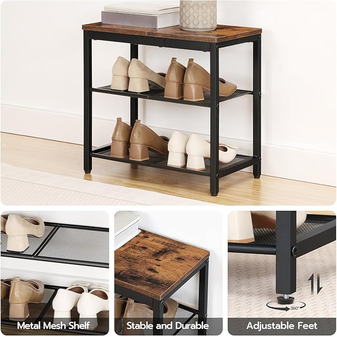 HOOBRO Shoe Bench, 3-Tier Shoe Rack, Industrial Shoe Organizer Storage Bench, 19.7 inches Entry Bench with Mesh Shelves, for Entryway, Living Room, Hallway, Easy Assembly, Rustic Brown BF50HX01