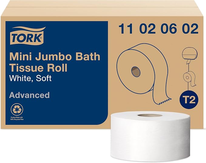 Tork Matic Soft Hand Towel Roll & Mini Jumbo Bath Tissue Roll - Toilet Paper Towels with Advanced Soft Quality, Compatible with T2 Dispenser, 12 rolls x 1075, 2-Ply Sheets, Color: White, 11020602
