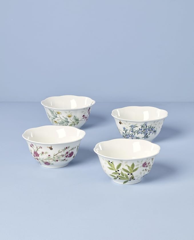 Lenox Butterfly Meadow Herbs Porcelain Rice Bowls, 18oz, Set of 4 | Dishwasher safe | floral design | kitchen and dining essential | 2.813 inch, 18oz, gift for women, mixing bowls