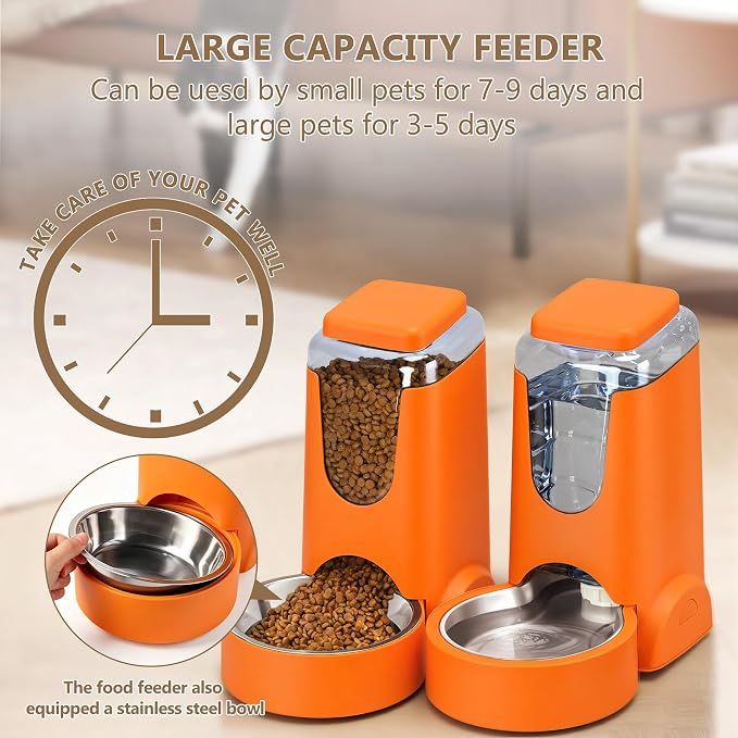 HWONMTE Portable Automatic Cat Feeder and Water Dispenser with Stainless Steel Bowl Dog Gravity Food Feeder and Waterer for Small Medium Pets Puppy Kitten 1 Gallon x 2 (Orange)