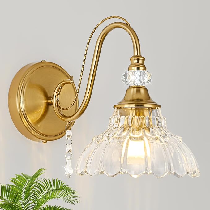 1 Piece Vintage Wall Sconce, 1-Light Brushed Gold Finish Wall Sconce with Hanging Crystal Accents and Flower-Shaped Clear Shades for Bathroom Bedroom Living Room,Vintage Vanity Light