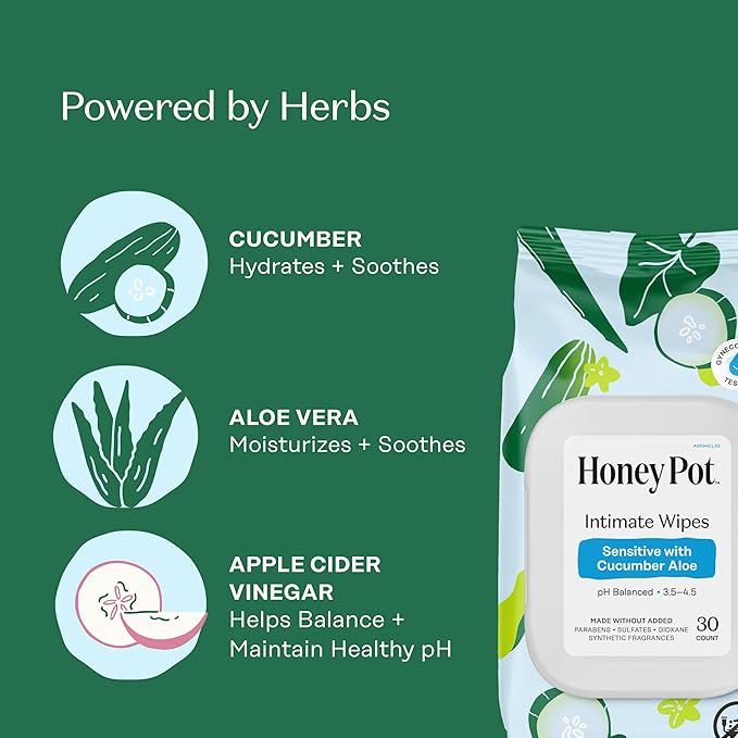 The Honey Pot Company - Sensitive w/Cucumber Aloe Feminine Hygiene Wipes - pH Balancing, Herbal Infused Plant-Based Feminine Care for Sensitive Skin - Cleansing Wipes for Women - 30ct