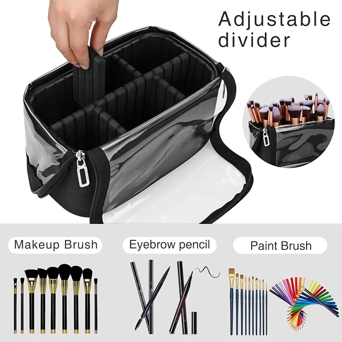 Makeup Brush Bag, Makeup Brush Holder Travel Stand-up Makeup Cup Large Makeup Brush Organizer Case Professional Cosmetic Bag Artist Storage Bag with Adjustable Divider (Large, Black)