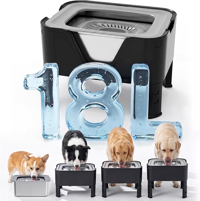 18L (4.7Gal) Extra Large (17.9x14x14.7) Elevated Dog Water Bowl, Height Adjustable Raised Stand for Large & XL Dogs, Stainless Steel No-Spill Bowl with Replaceable Filter for Multi Dog, No Pump