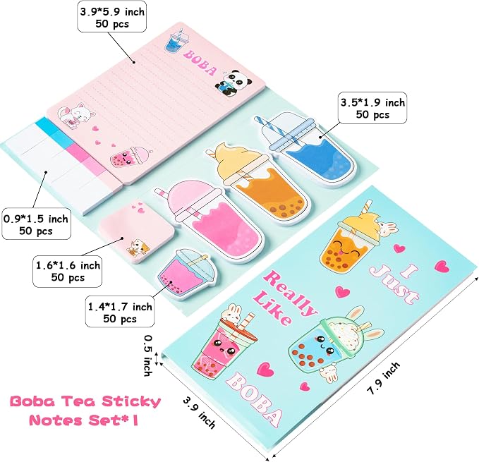 Xqumoi I Just Really Like Boba Sticky Notes Set, 550 Sheets, Cute Bubble Tea Self-Stick Notes Pads Milk Tea Theme Divider Tabs Bundle Writing Memo Pads Back to School Office Supplies Small Gift