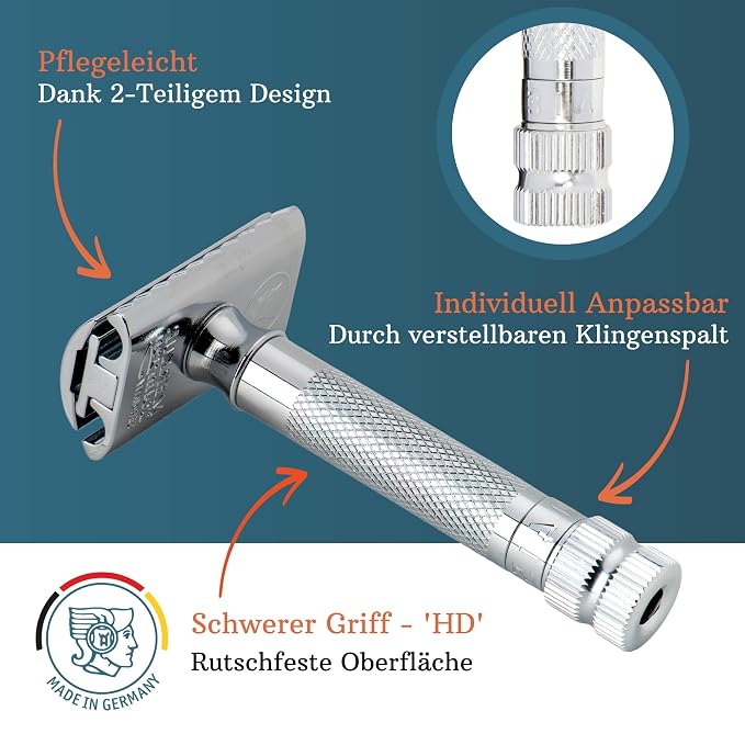 MERKUR 34 Adjustable 2-Piece Double-Edge Safety Razor for Men in Bright Chrome with Standard Handle and Closed Comb — Adjustable Blade Gap, Made in Germany
