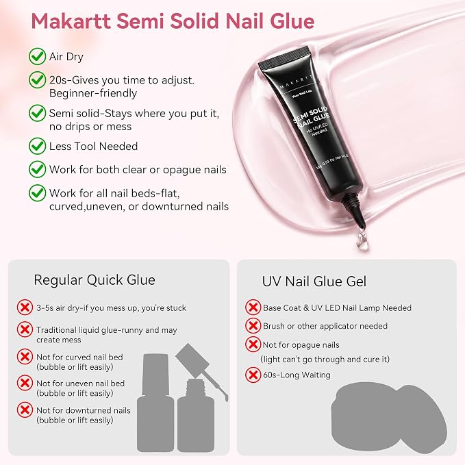 Makartt Press On Nail Glue: No UV Lamp Needed, 20s Air Dry Adjustable for Beginners, Strong Hold, Semi-solid Precise Control, Easy for Press-On Users At-home Application, HEMA-Free for Sensitive Nails