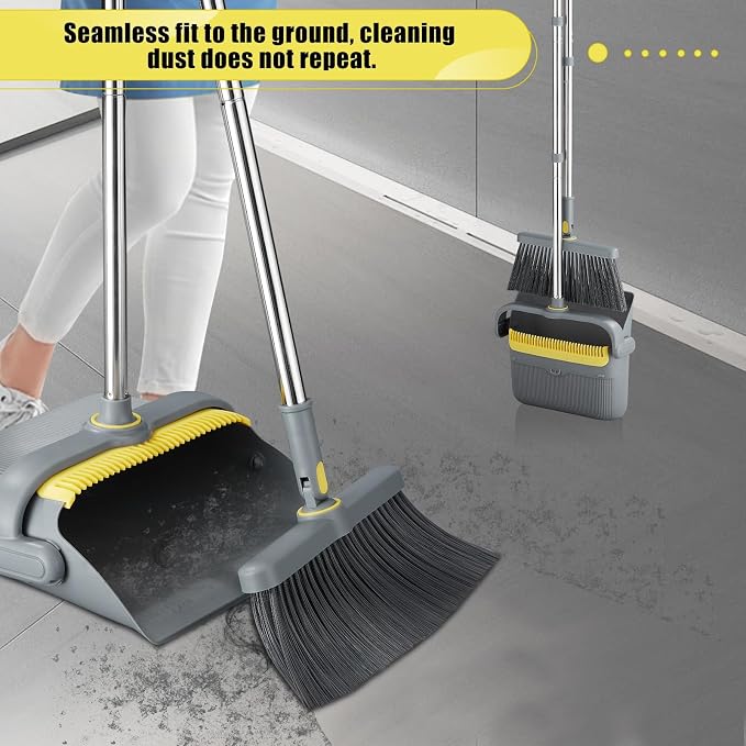 Broom with Dustpan Combo Set, 52'' Long Handle Stainless Steel Poles, Self Cleaning Dustpan Teeth for Home Sweeping Indoor Outdoor Kitchen Office Restaurant Apartment Pet Hair Cleaning Tools