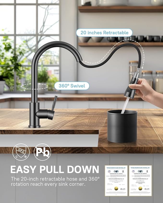 WEWE Kitchen Faucet with Pull Down Sprayer and Soap Dispenser, Matte Gray High Arc Single Handle Stainless Steel Sink Faucet, Suitable for Farmhouse, RV & Laundry