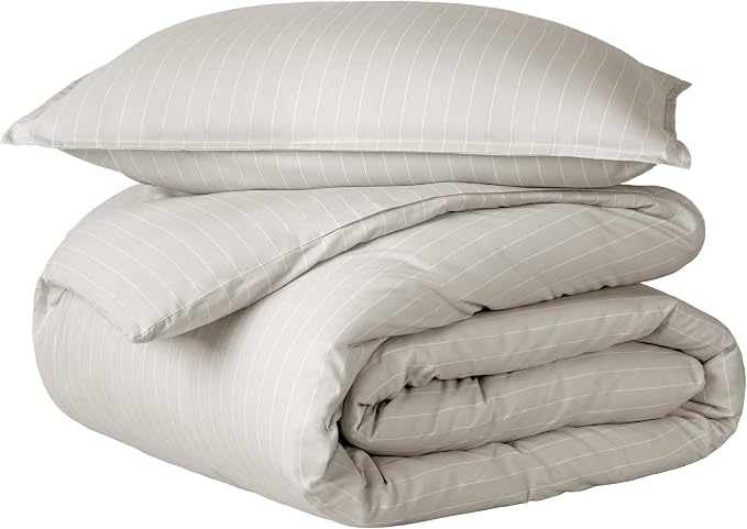 Bare Home Bedding Duvet Cover Extra Long Size - Premium 1800 Super Soft Collection - Lightweight, Cooling - Soft Textured (Twin/Twin XL, Pinstripe - Stone/White)