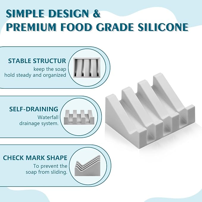 Self Draining Soap Dish Holder,Silicone Soap Dish,for Bathroom,Kitchen, Sponges，Can Extend Soap Life，Keep Soap Bars Dry and Easy Cleaning (N-Light Grey,3-Pack)
