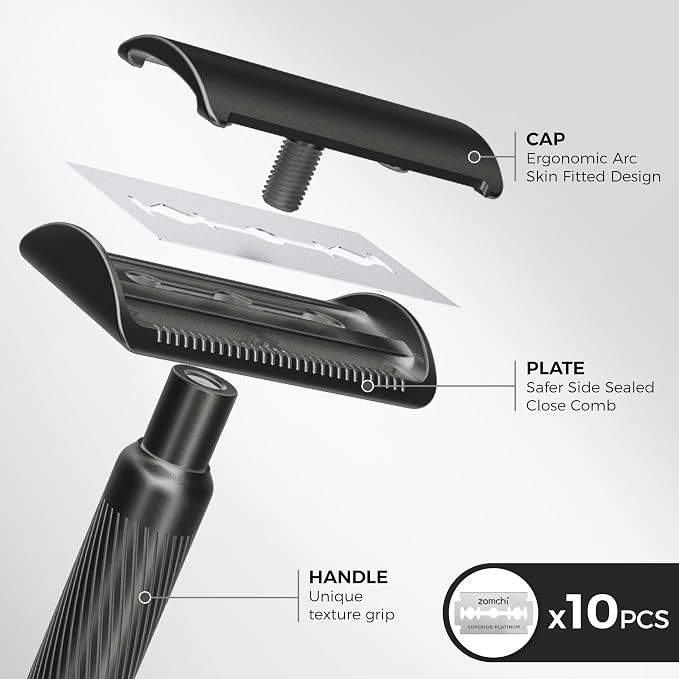 Double Edge Safety Razor with Stand, Version 2.0 Includes 10 Blades | Modern matte black finish with a sleek appearance that helps reduce visible fingerprints.