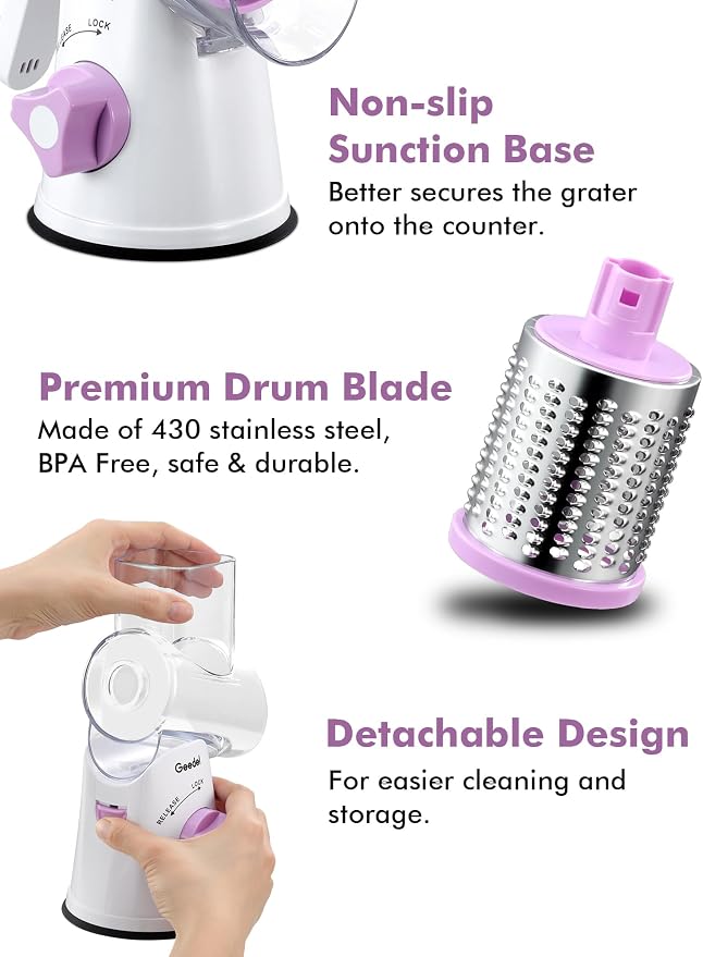 Geedel Rotary Cheese Grater, Kitchen Mandoline Vegetable Slicer with 3 Interchangeable Blades, Easy to Clean Rotary Grater Slicer for Cheese, Vegetables, Nuts