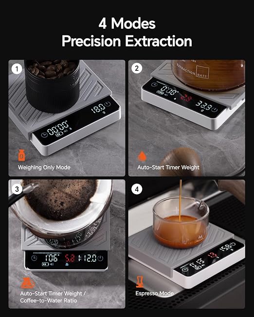 Digital Mini Coffee Scale with Timer - Mini Espresso Scale with Flow Rate Indicator & Brew Ratio, 4 Smart Modes Rechargeable 2kg/0.1g Precision Scale for Pour Over, Kitchen, Matcha, White