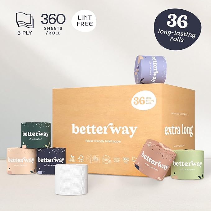 Betterway Bamboo Toilet Paper 3 Ply - Sustainable Toilet Tissue - 36 Long-Lasting Organic Rolls & 360 Sheets Per Roll - Septic Safe - Plastic & PFAS Free - FSC Certified