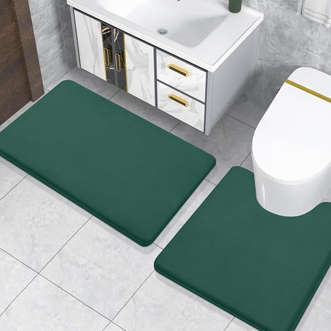 Smiry Memory Foam Toilet Rugs U-Shaped 24x20, Extra Soft Absorbent Non-Slip Contour Bathroom Rugs, Machine Washable Bath Mats for Toilet, Green