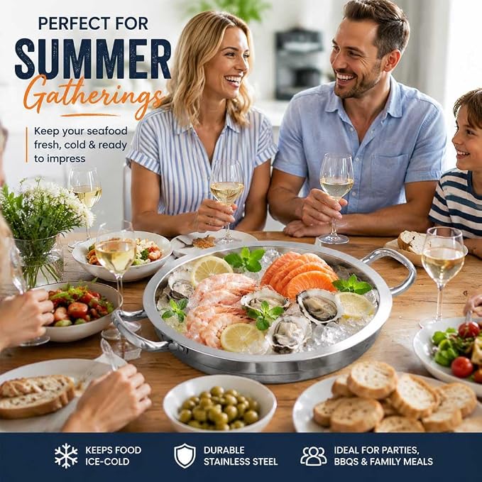 Shrimp Cocktail Serving Dish with Ice Tray, 1-Set 12 Inch Platter | 304 stainless steel sauce cups, tray liner paper & tongs, ideal for parties, family gatherings, oysters & cold appetizers.