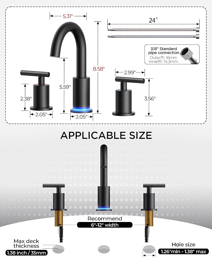 FORIOUS LED Bathroom Faucet Black 3 Hole with Temperature Changing 3 Color Lights, 8" Widespread Matte Black LED Bathroom Sink Faucet 3 Hole with Pop Up Drain, Supply Lines, 360° Swivel Spout