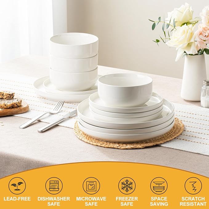 EWFEN Plates and Bowls Sets, 12 Pieces Ceramic Dinnerware Set for 4, Stoneware Dishware Dishes Set, Scratch Resistant Dishes Set, Dishwasher & Microwave Safe, White