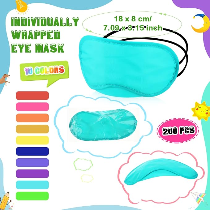 Tarpop 200 Pcs Eye Mask Bulk Sleep Masks Blindfolds for Party Games Blind Folds for Adult Play Team Building Travel Individually Wrapped Sleeping Cover with Adjustable Strap for Women Men, 10 Colors