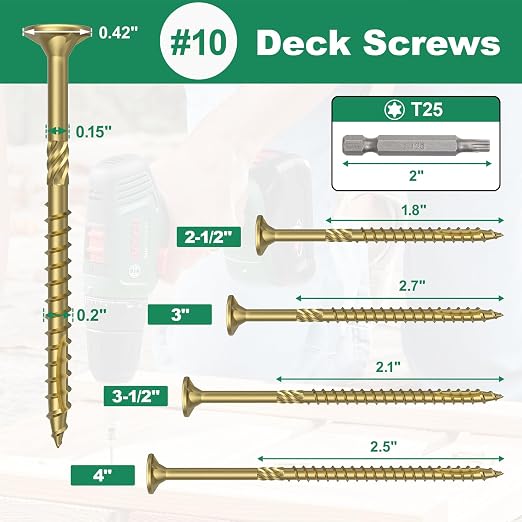 #10 x 3-1/2” Deck Screws, 1000Pcs Star Drive Wood Screws | Rust Resistant Timber Screws for Timber/Log/Landscaping Wood, T25 Star Bit Included, Gold