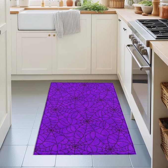Entryway Area Rug 2'x3', Purple Halloween Washable Small Area Rugs for Kitchen Bathroom Bedroom Office Laundry, Black Spiders Net Classic Gingham Non Slip Door Mat Indoor Entrance Floor Throw Carpet