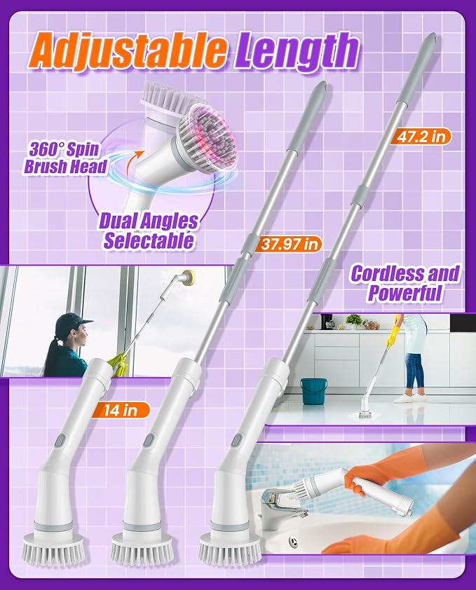 6-in-1 Cordless Electric Spin Scrubber with Long Handle | Power scrubber, bathroom scrubber, 47.2 in long handle, 2 speed scrub brush, IPX7 rated body, kitchen, tile, tub, floor