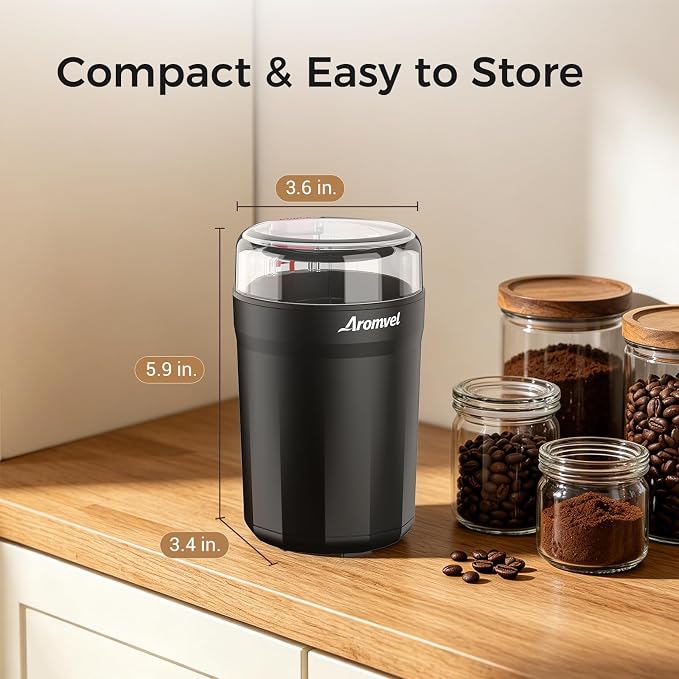 Electric Coffee Grinder, One Touch Coffee Mill with Stainless Steel Blades, Adjustable Coarse to Fine for Coffee Beans, Spice & Dry Grinding, 2-in-1 Cleaning Brush & Scoop, Safety Lid
