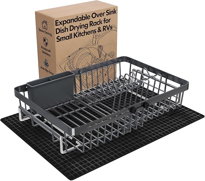 Grey Dish Drying Rack Over The Sink with Utensil Holder, Mat | Expandable Stainless Steel Dish Drainer for Small Kitchen, Apartment, RV, Counter Space Saving, Perfect Fit, Rustproof
