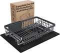 Grey Dish Drying Rack Over The Sink with Utensil Holder, Mat | Expandable Stainless Steel Dish Drainer for Small Kitchen, Apartment, RV, Counter Space Saving, Perfect Fit, Rustproof
