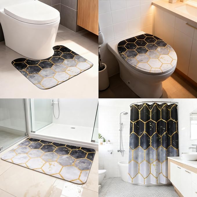 BSSN 25 Pieces Black and Gold Bathroom Accessories Set with Shower Curtain and Rugs, Trash Can, Toilet Brush, Soap Dispenser, Toothbrush Holder, Qtip Jars, Tray and Tumbler, Complete Bath Decor Set