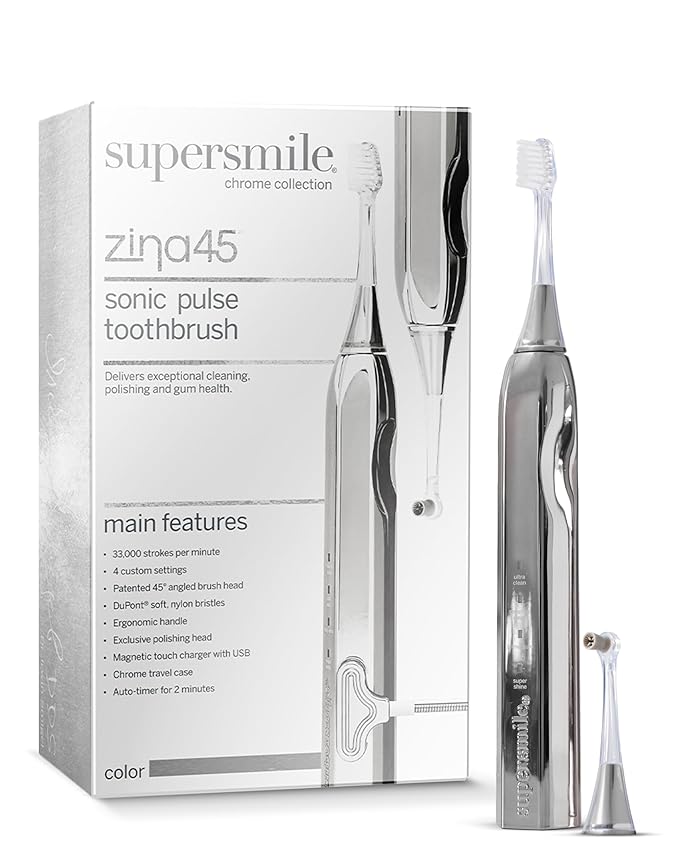 Supersmile Zina45™ Deluxe Sonic Pulse Toothbrush – Rechargeable Electric Brush with Angled Head & Travel Case – for Whiter Teeth and Healthier Gums, Silver