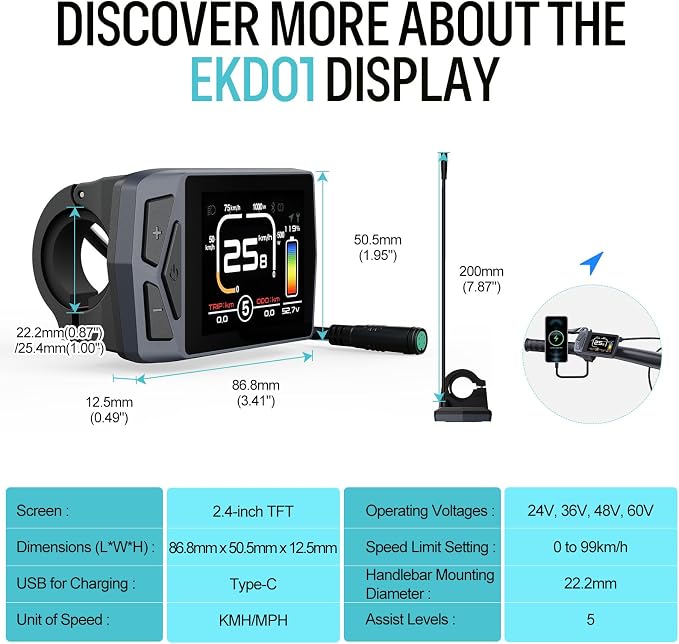 TSDZ2B 48V 500W Mid Drive Kit with EKD01 Display and Ebike Battery | Tong-sheng Electric Bike Conversion Kit for 68-73mm Bottom Bracket, Speed and Torque Sensored E-Bike Motor